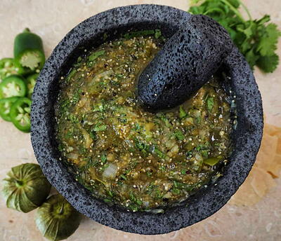Spicy Molcajete Salsa Verde With Tomatillos
