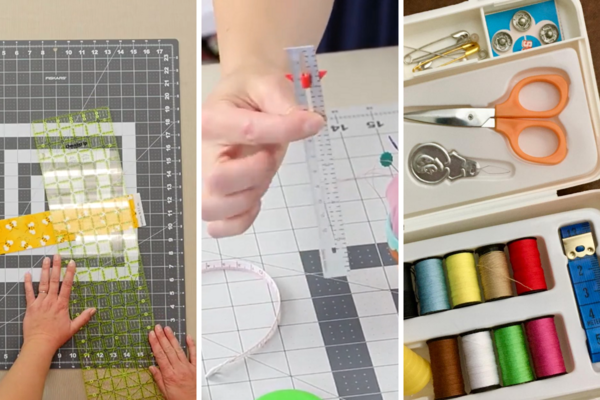 Images of the tools are shown left to right: self-healing cutting mat (and quilting ruler), seam ruler, storage.