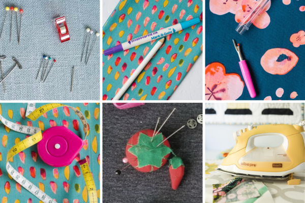 Images of the tools are shown left to right. Top row: sewing pins/clips, fabric marker/pencil, seam ripper. Bottom row: measuring tape, pin cushion, iron.