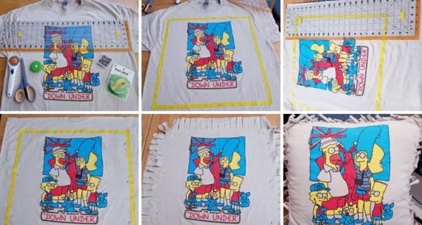 Image shows six images showing the steps of making a no-sew tie pillow.