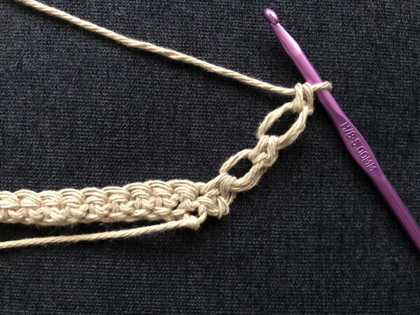Image shows step 5 for crocheting the Solomon's Knot stitch.