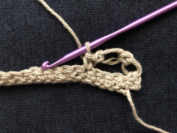 Image shows step 6 for crocheting the Solomon's Knot stitch.