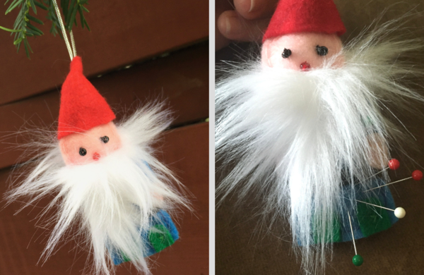 Image shows the DIY gnome ornament on the left and the DIY gnome pincushion on the right.