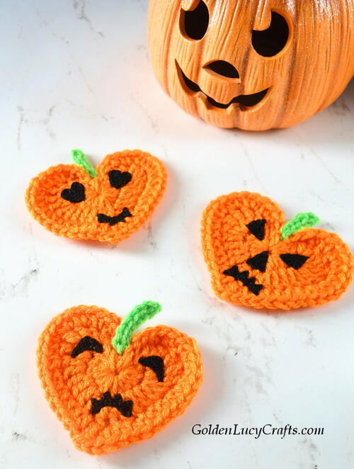 Crochet Heart Pumpkin Jack-o’-lantern Applique