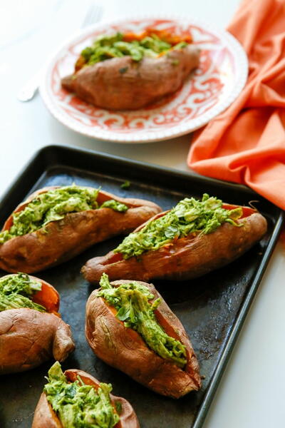 Chicken Pesto Stuffed Sweet Potatoes