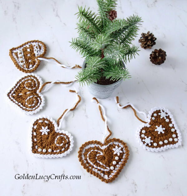 Crochet Gingerbread Heart Ornaments