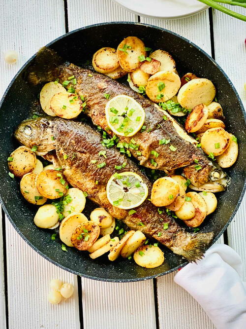 Rainbow Trout With Potatoes And Spring Garlic