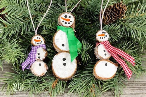 Birch Tree Branch Slice Snowman Ornament Craft