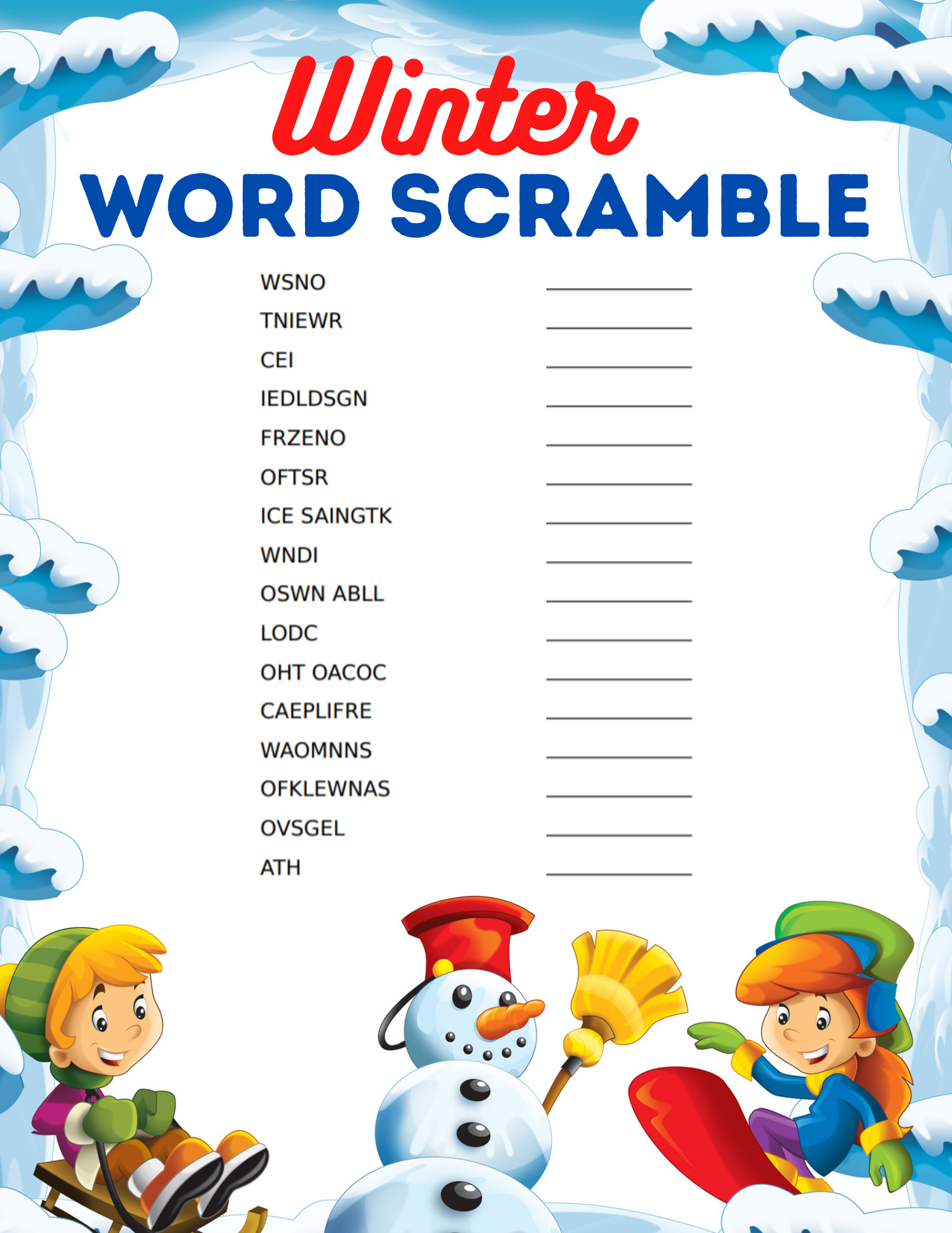 Free Printable Winter Word Scramble