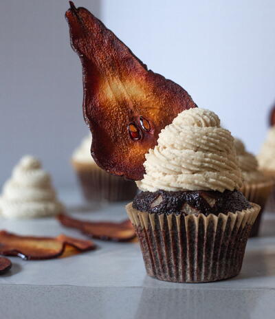 Chocolate Pear Cupcakes With Tahini Buttercream & Candied Pear