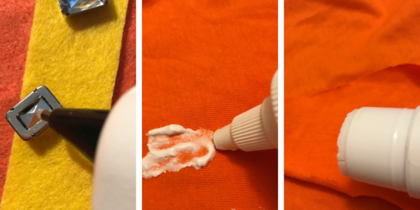 Image collage shows three different glues being used on fabric.