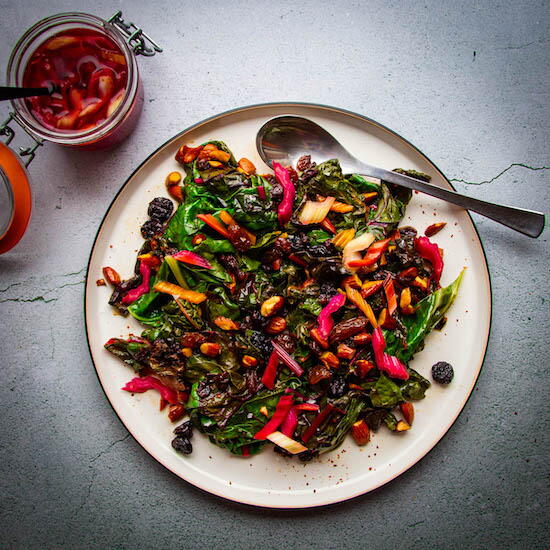 Sautéed Rainbow Chard With Brown Butter Raisins, Almonds + Chili 