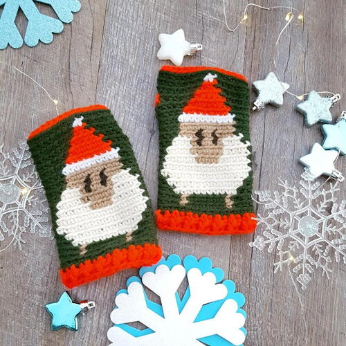 Sheep in Santa Hats Fingerless Gloves