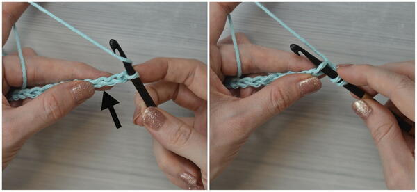 Image shows inserting the hook into the third chain for the Tunisian double crochet piece.