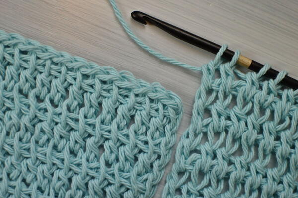 Image shows a close up of the tunisian double crochet.