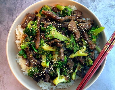 Sticky Beef, Broccoli And Rice