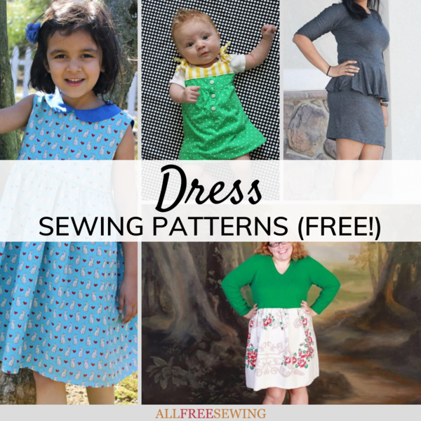 Image shows a collage of dresses from the 75+ Free Dress Patterns for Sewing collection.