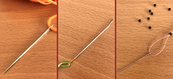Image is a collage of different hand sewing needles on a wood background.