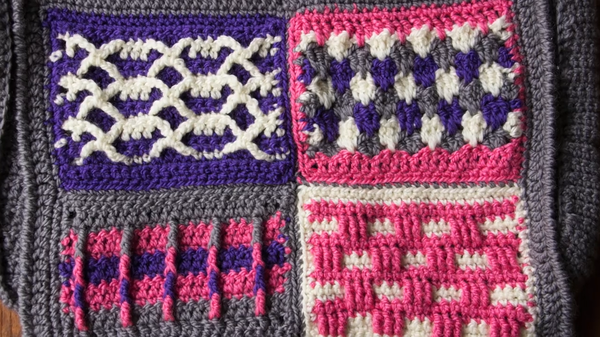 Close-up of the four panels on the Groovy Berry Crochet Messenger Bag.