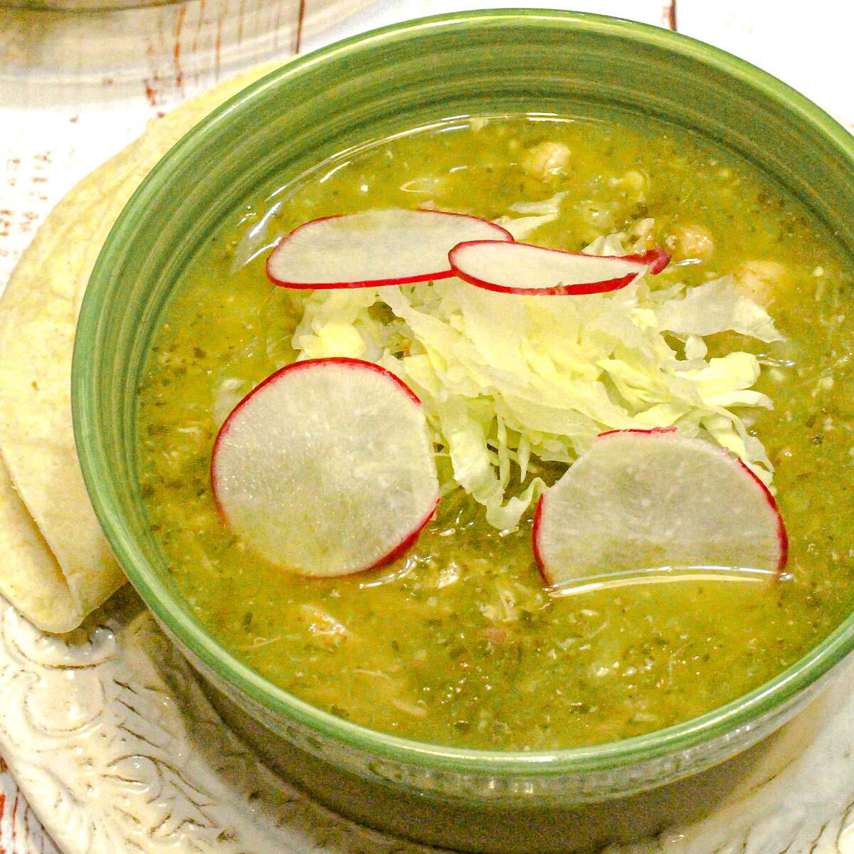 Green Pozole (pozole Verde) Mexican Hominy Soup With Chicken & Pork