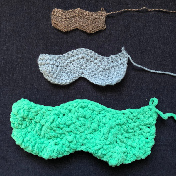 Image shows three crochet swatches using different yarn weights.