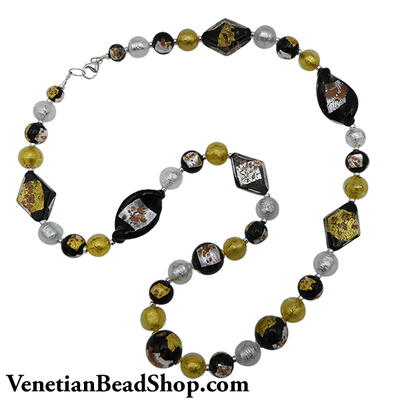 Black, Gold and Silver Murano Glass Necklace