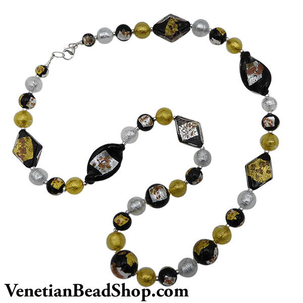 Black Gold and Silver Murano Glass Necklace