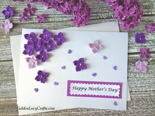 Mother's Day Card Embellished With Crochet Lilac Flowers