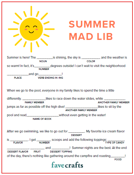 Printable Summer Mad Lib