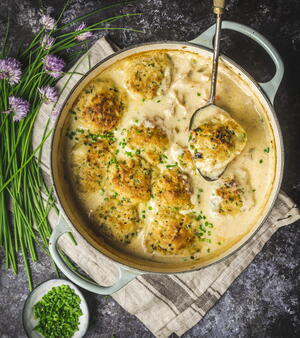 Creamy Chicken Stew and Chive Dumplings
