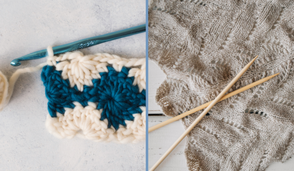 The image shows a crochet hook on the left and knitting needles on the right.