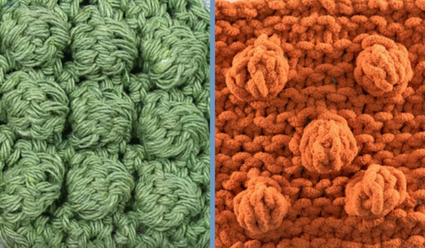 The image shows an example of the crochet bobble stitch on the left and an example of the knit bobble stitch on the right.
