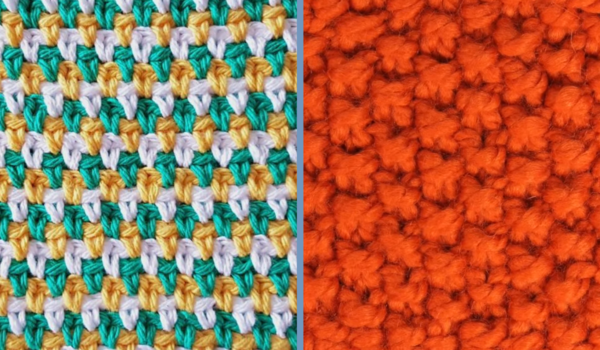 The image shows an example of the crochet seed stitch on the left and an example of the knit seed stitch on the right.