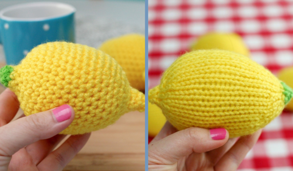 The image shows the Crochet Lemon Stress Ball on the left and Knit Lemon Stress Ball on the right.