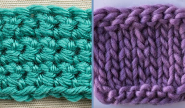 The image shows a single crochet swatch on the left and a knit stitch swatch on the right.