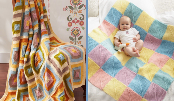 The image shows the Granny Square Afghan on the left and Baby Giggles Knit Afghan Pattern on the right.