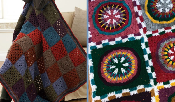 The image shows the Colorful Autumn Granny Afghan on the left and Colorful Poker Chips Crochet Granny Square Afghan on the right.
