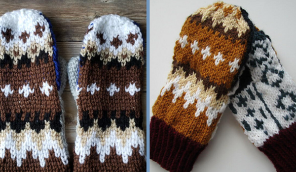 The image shows the Bernie-Inspired Crochet Mittens on the left and the Bernie-Inspired Knit Mittens on the right.