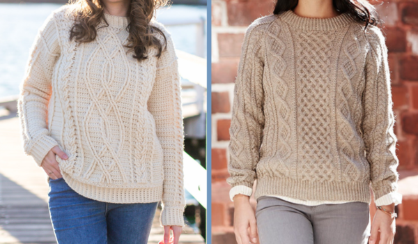The image shows the Meara Fisherman Crochet Sweater on the left and the Oats and Honeycomb Cabled Knit Pullover on the right.