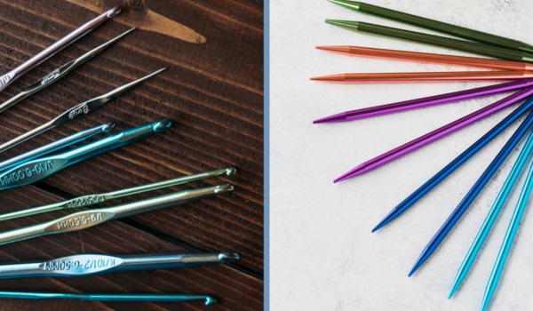 The image shows metal crochet hooks on the left and metal knitting needles on the right.