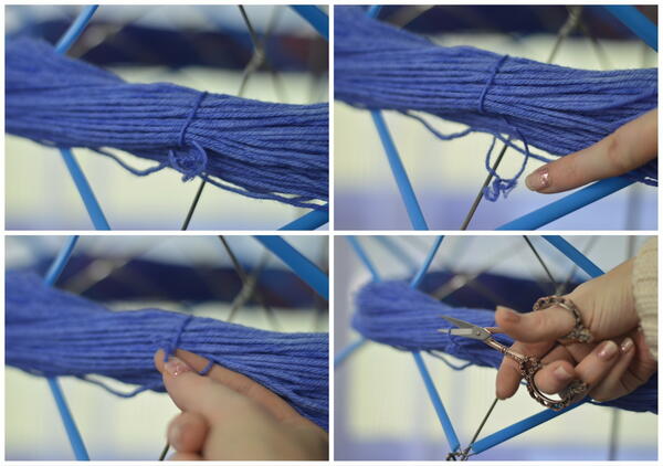 Image shows how to wind a hank of yarn: step 4 with a collage of images.
