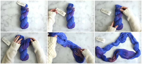 Image shows how to wind a hank of yarn: step 1 with a collage of images.