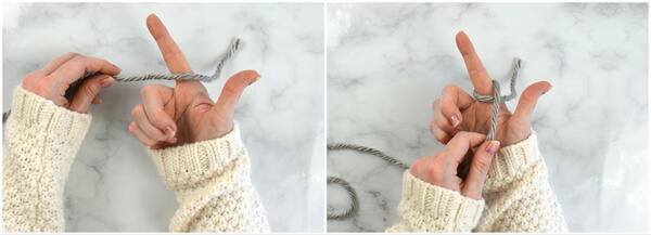 Image shows how to wind a hank of yarn by hand: step 15 showing wrapping the yarn by hand in two images.