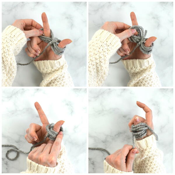 Image shows how to wind a hank of yarn by hand: step 20 showing wrapping the yarn by hand in a collage of images.
