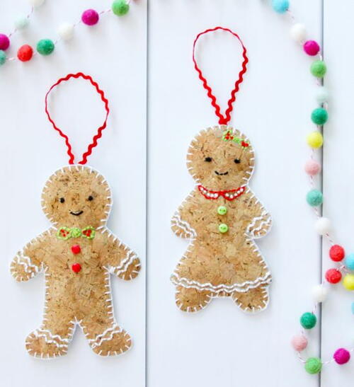 DIY Christmas Embroidered Cork Gingerbread Ornaments