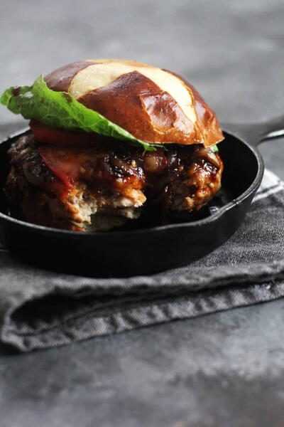 BBQ Chicken Burger with Beer Braised Onions