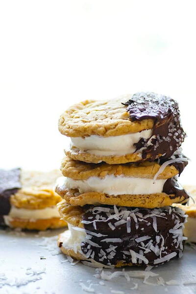 Chocolate-Dipped Coconut Peanut Butter Ice Cream Sandwiches