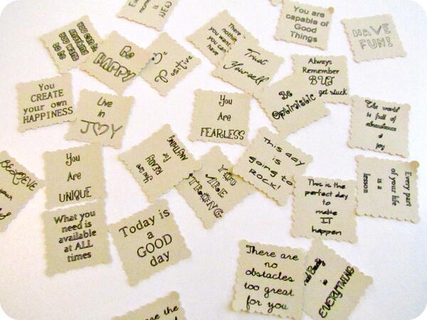 Tea bag sentiments printed and cut out