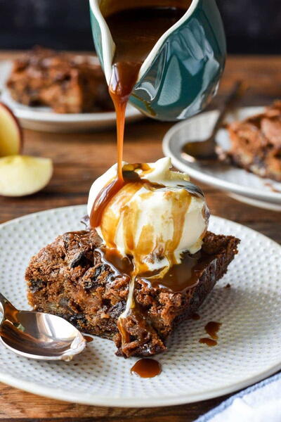 Chewy Spiced Apple Cake with Caramel Sauce