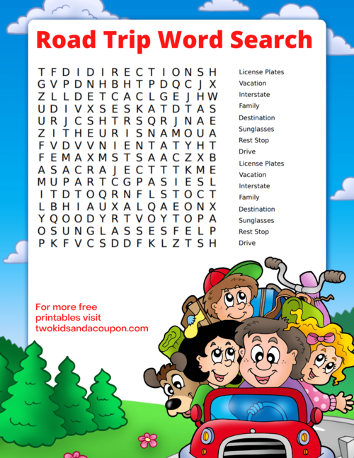 Free Printable Road Trip Word Search For Kids